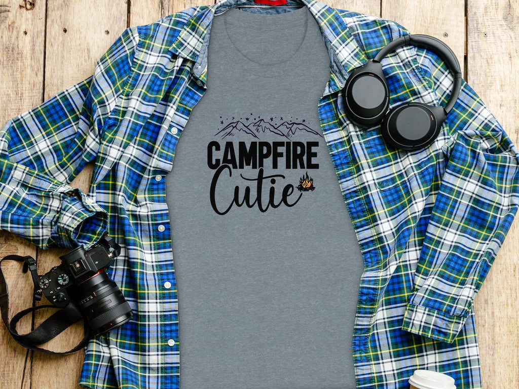 Campfire Cutie with Mountain Print Graphic Novelty T-Shirt