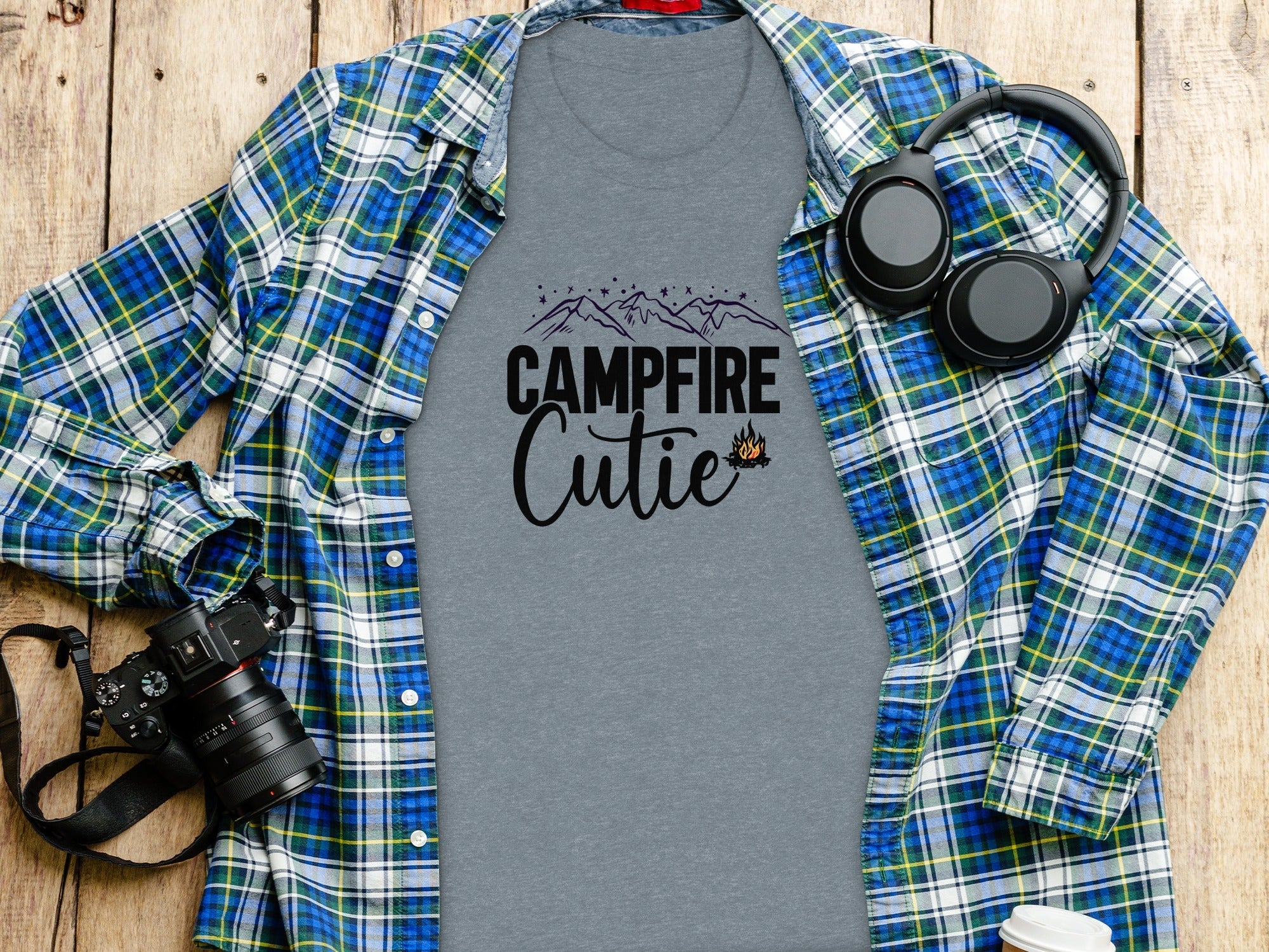 Campfire Cutie with Mountain Print Graphic Novelty T-Shirt