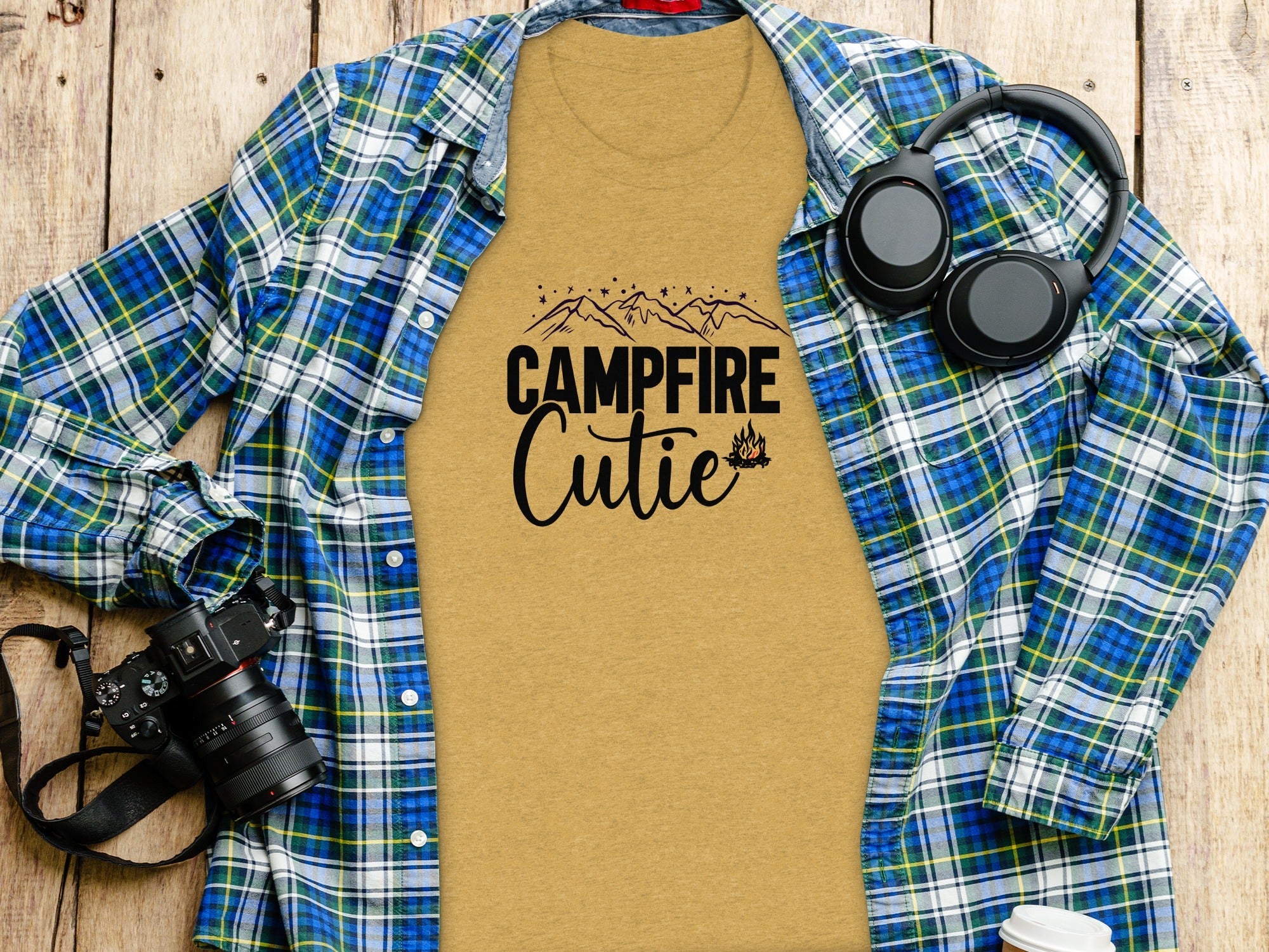Campfire Cutie with Mountain Print Graphic Novelty T-Shirt