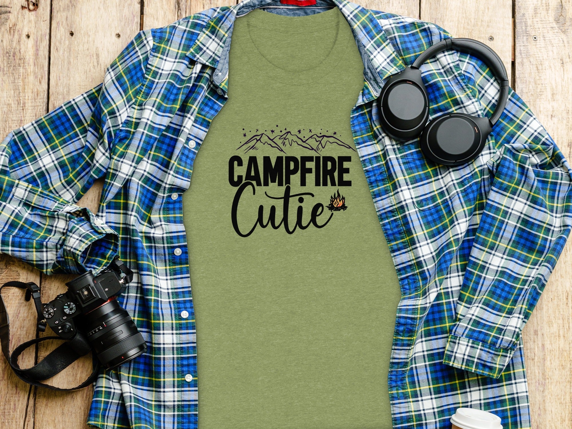 Campfire Cutie with Mountain Print Graphic Novelty T-Shirt