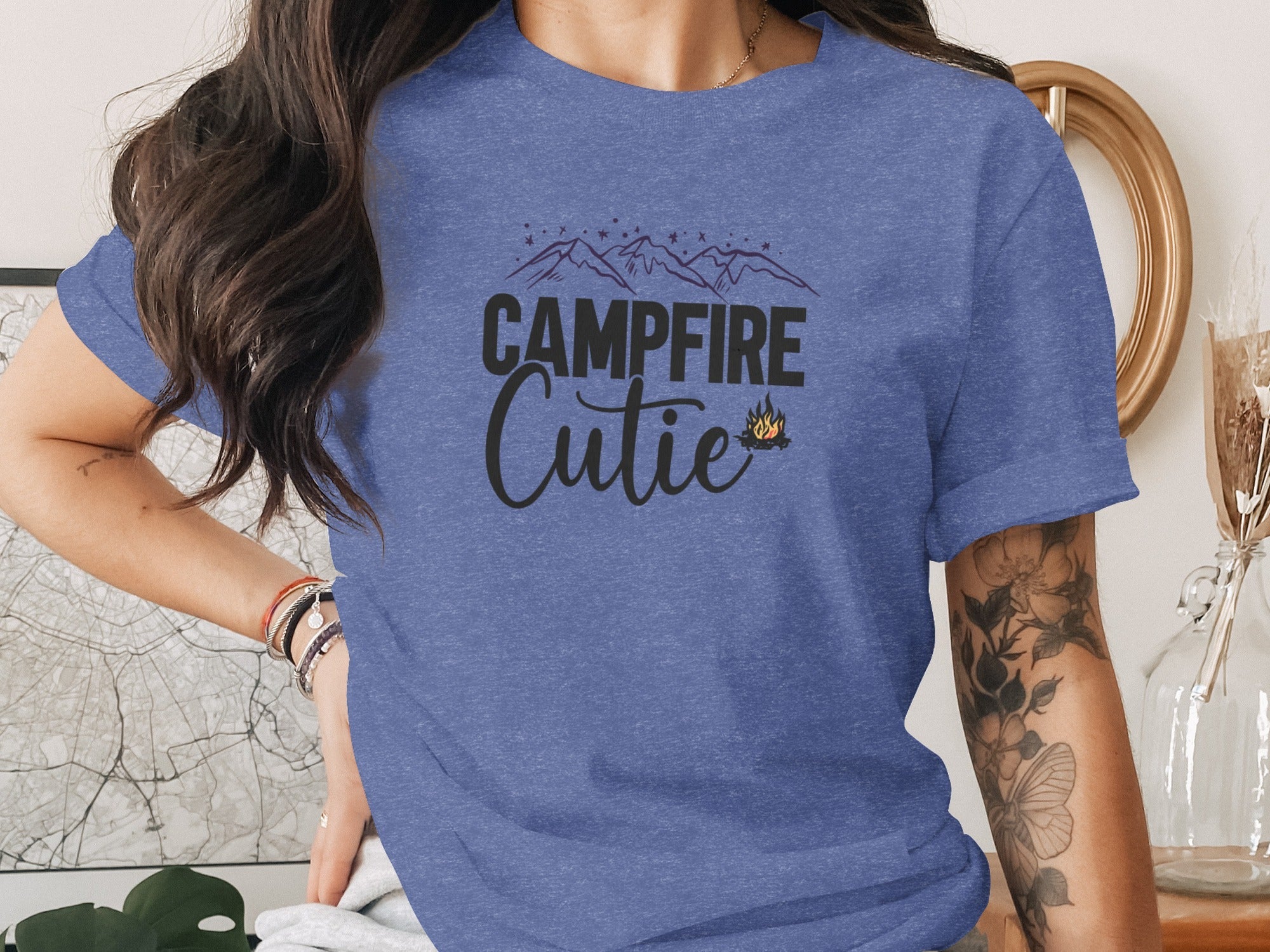 Campfire Cutie with Mountain Print Graphic Novelty T-Shirt