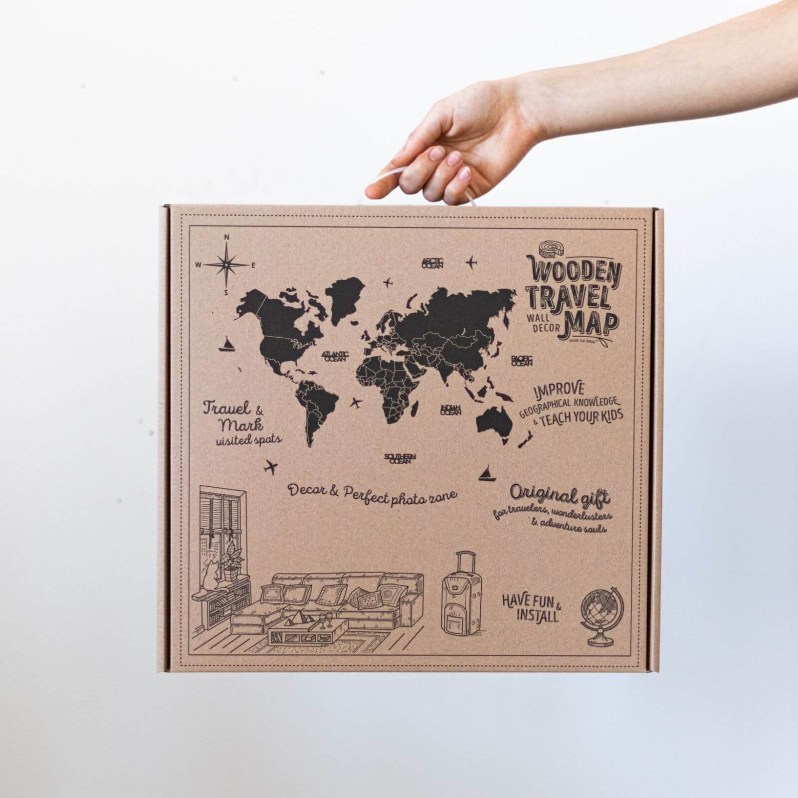 3D Wooden World Map Smokey