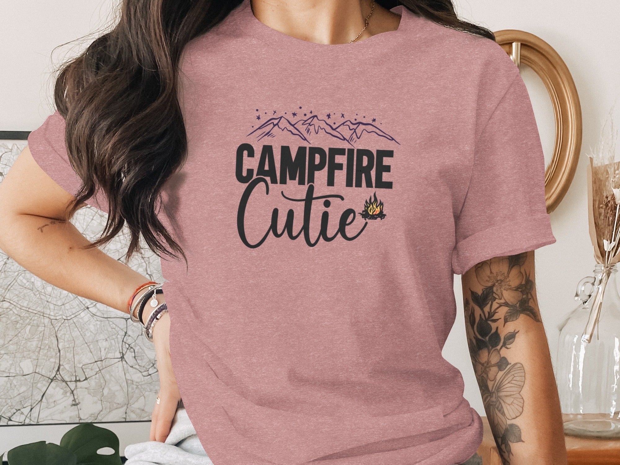 Campfire Cutie with Mountain Print Graphic Novelty T-Shirt