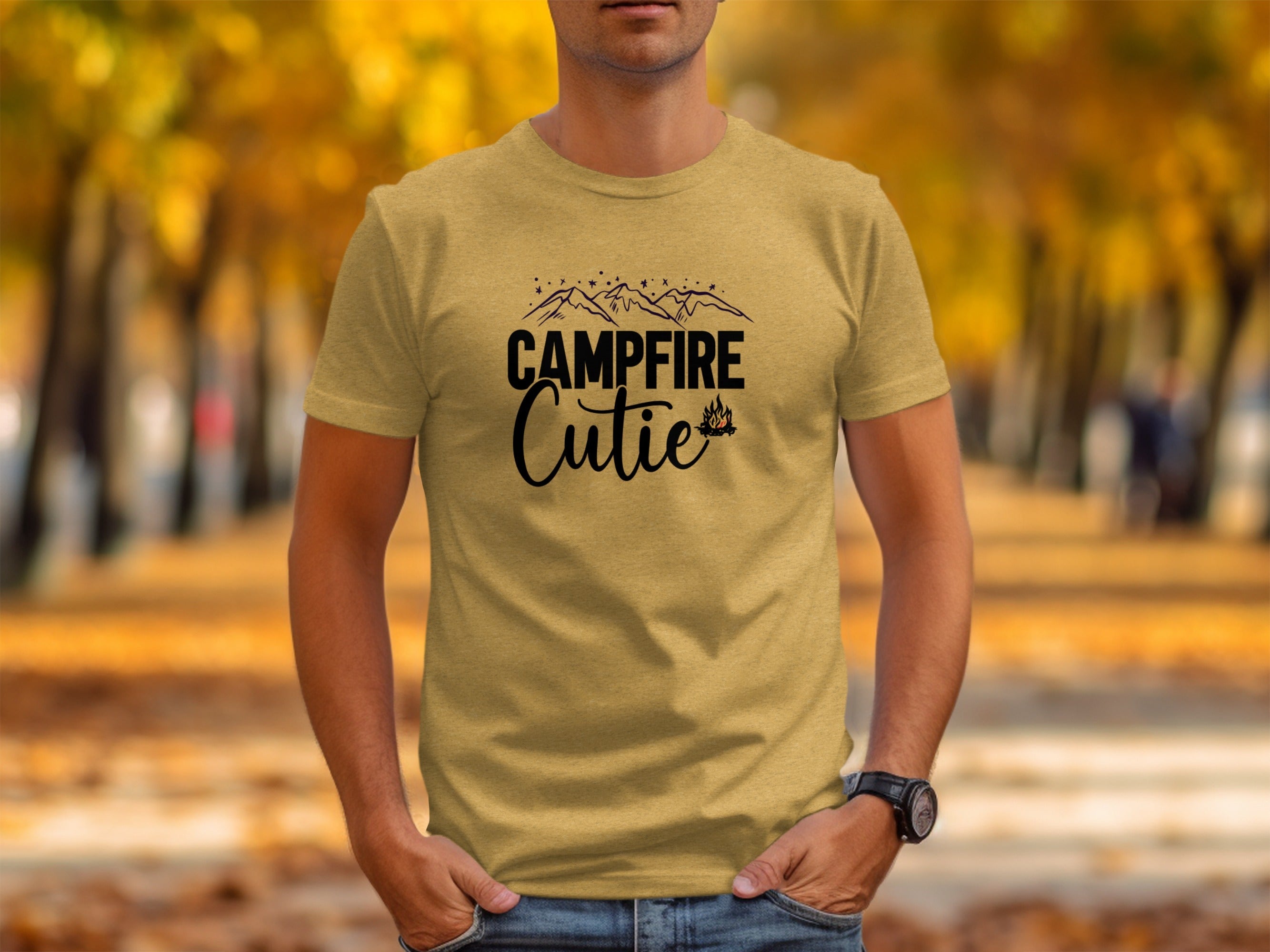 Campfire Cutie with Mountain Print Graphic Novelty T-Shirt