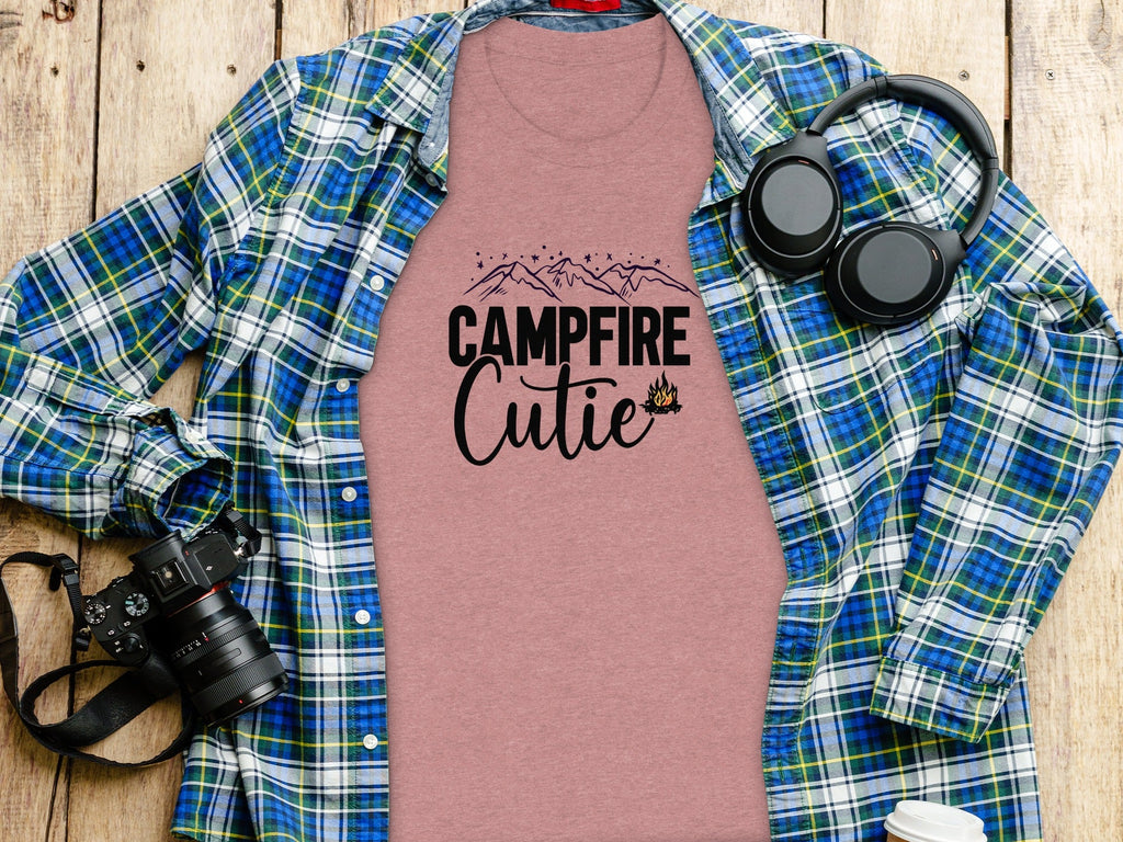Campfire Cutie with Mountain Print Graphic Novelty T-Shirt