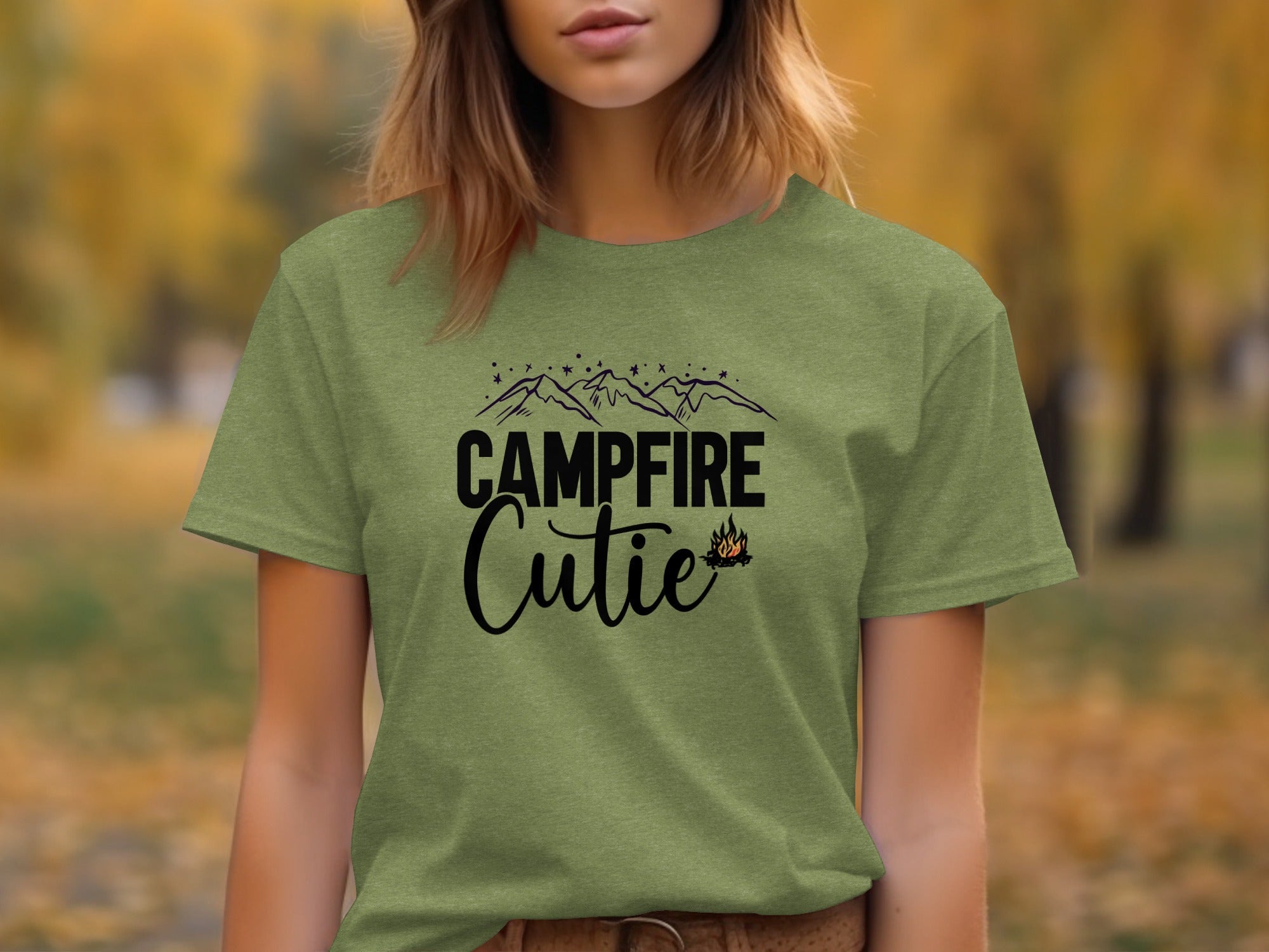 Campfire Cutie with Mountain Print Graphic Novelty T-Shirt