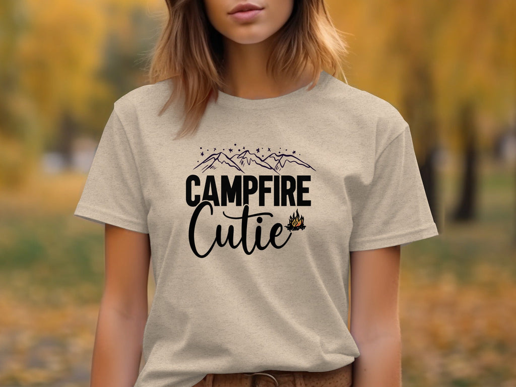 Campfire Cutie with Mountain Print Graphic Novelty T-Shirt