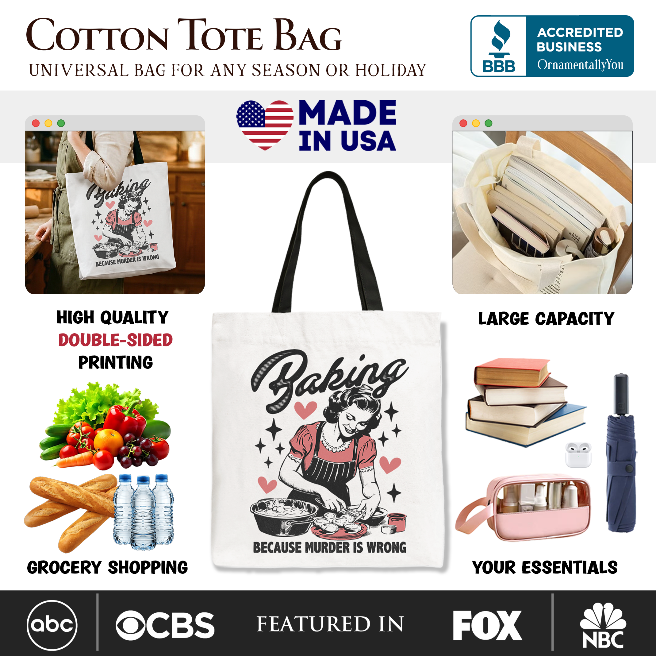Baking Because Murder Is Wrong Anti-Valentine Tote Bag, Funny Retro Kitchen Gift Shopper