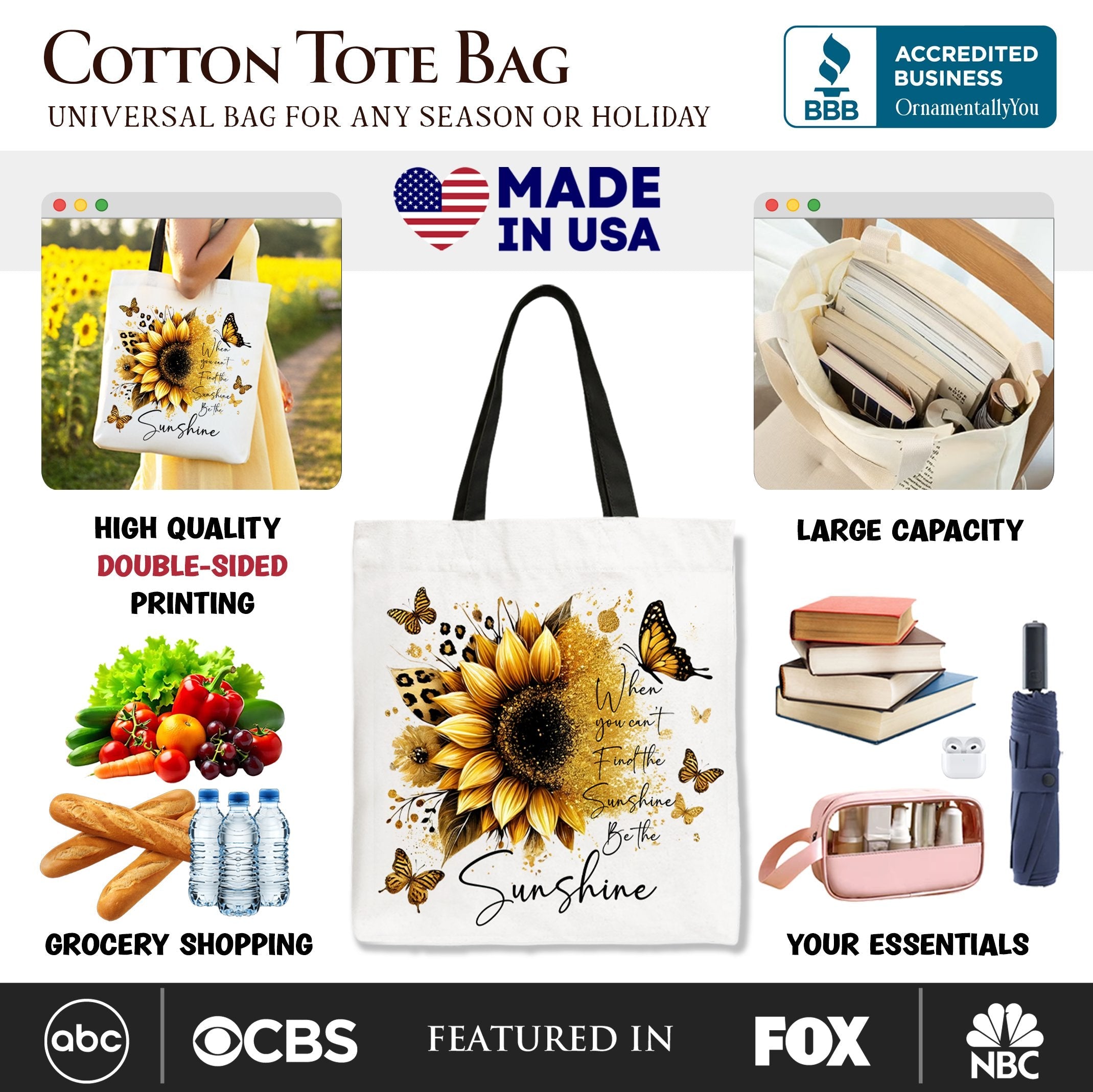 Sunflower Inspirational Quote Canvas Tote Bag, When You Can’t Find the Sunshine Be the Sunshine Gift Shopper