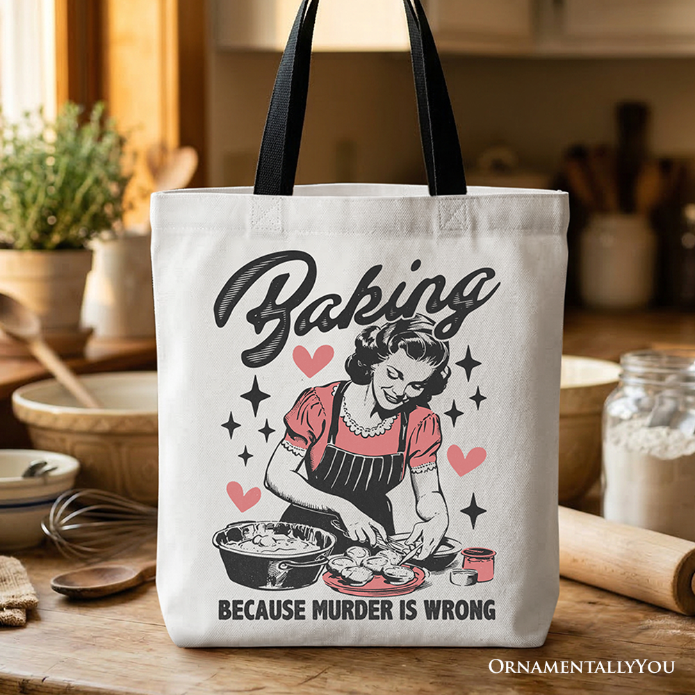 Baking Because Murder Is Wrong Anti-Valentine Tote Bag, Funny Retro Kitchen Gift Shopper