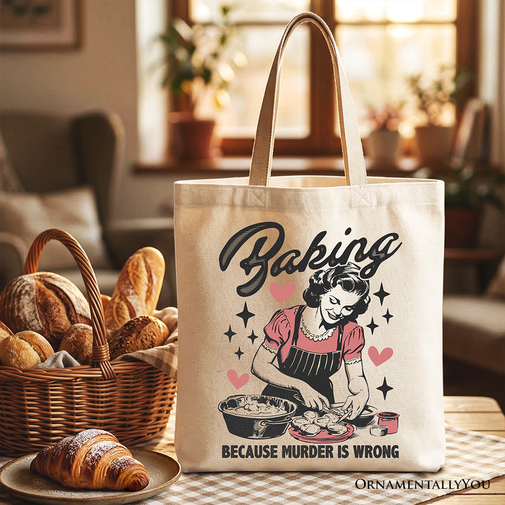 Baking Because Murder Is Wrong Anti-Valentine Tote Bag, Funny Retro Kitchen Gift Shopper