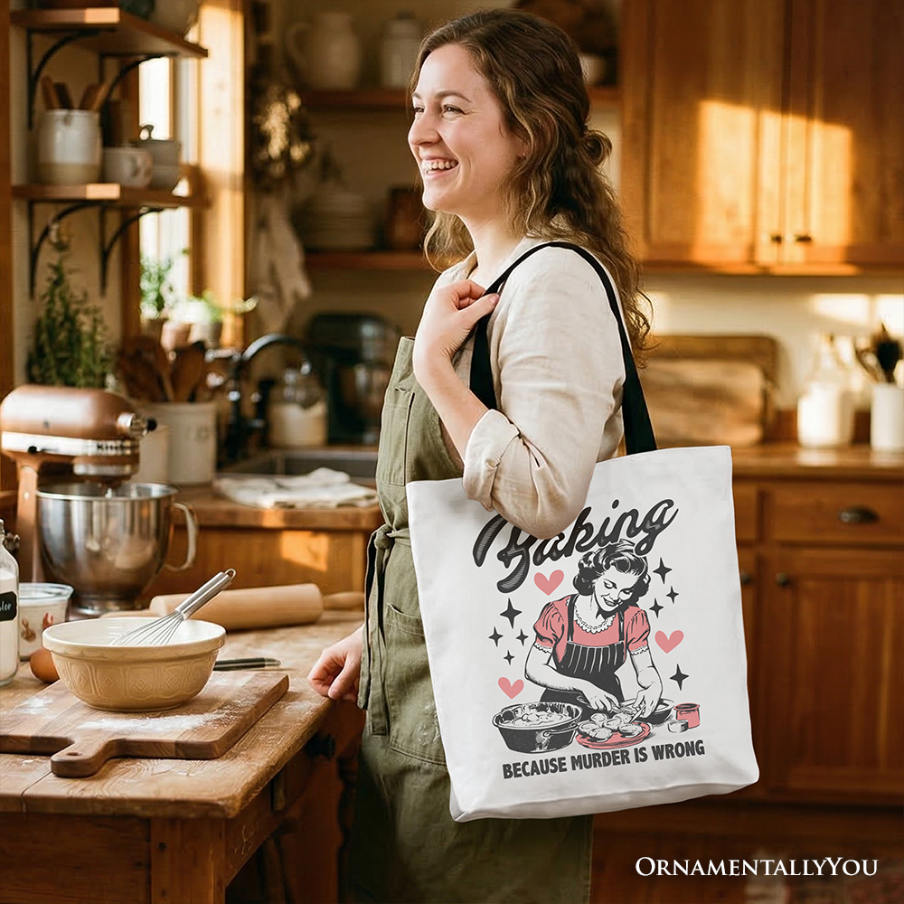 Baking Because Murder Is Wrong Anti-Valentine Tote Bag, Funny Retro Kitchen Gift Shopper