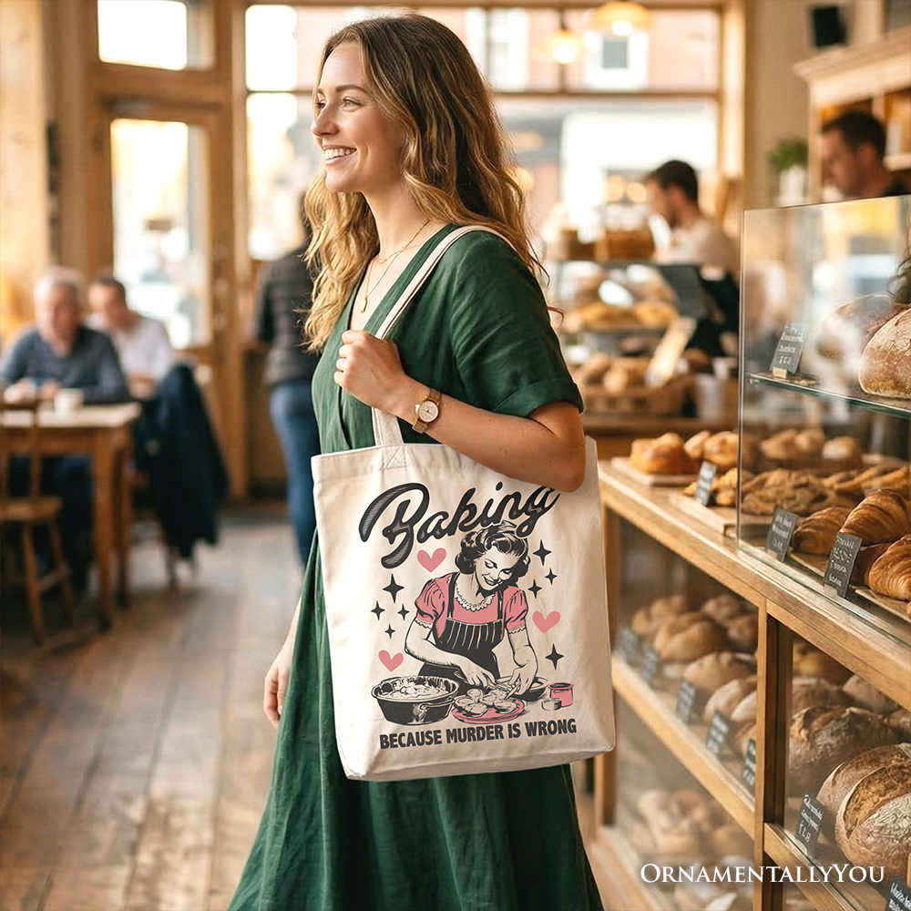 Baking Because Murder Is Wrong Anti-Valentine Tote Bag, Funny Retro Kitchen Gift Shopper