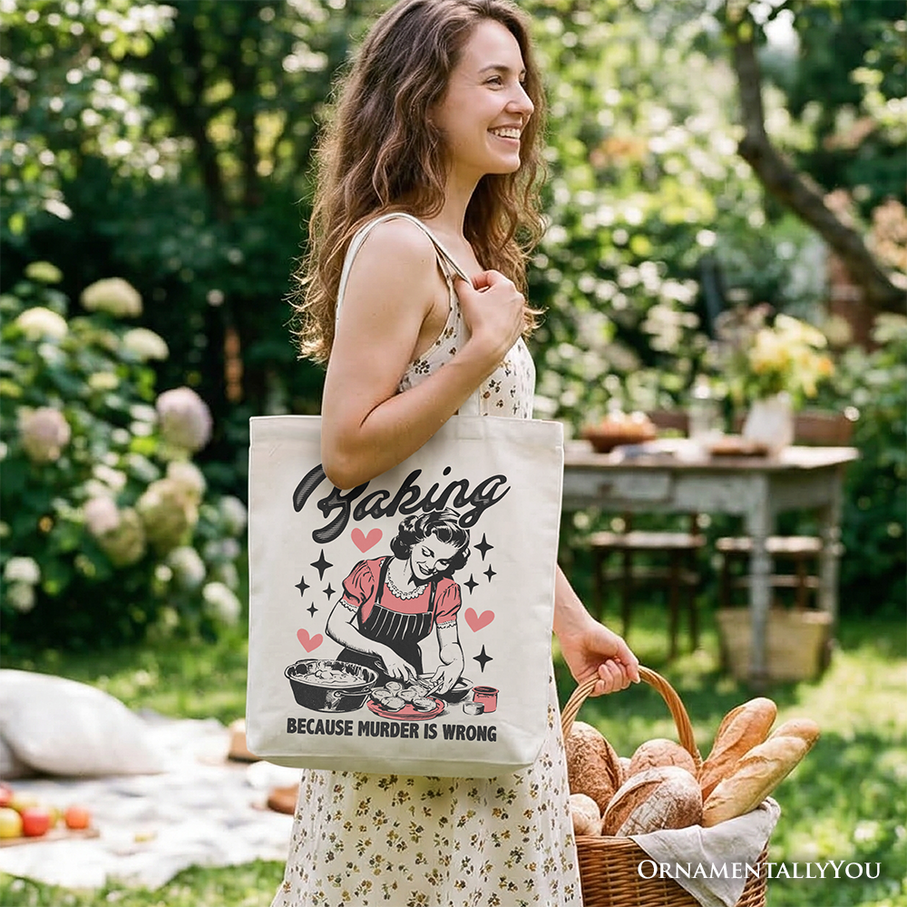 Baking Because Murder Is Wrong Anti-Valentine Tote Bag, Funny Retro Kitchen Gift Shopper