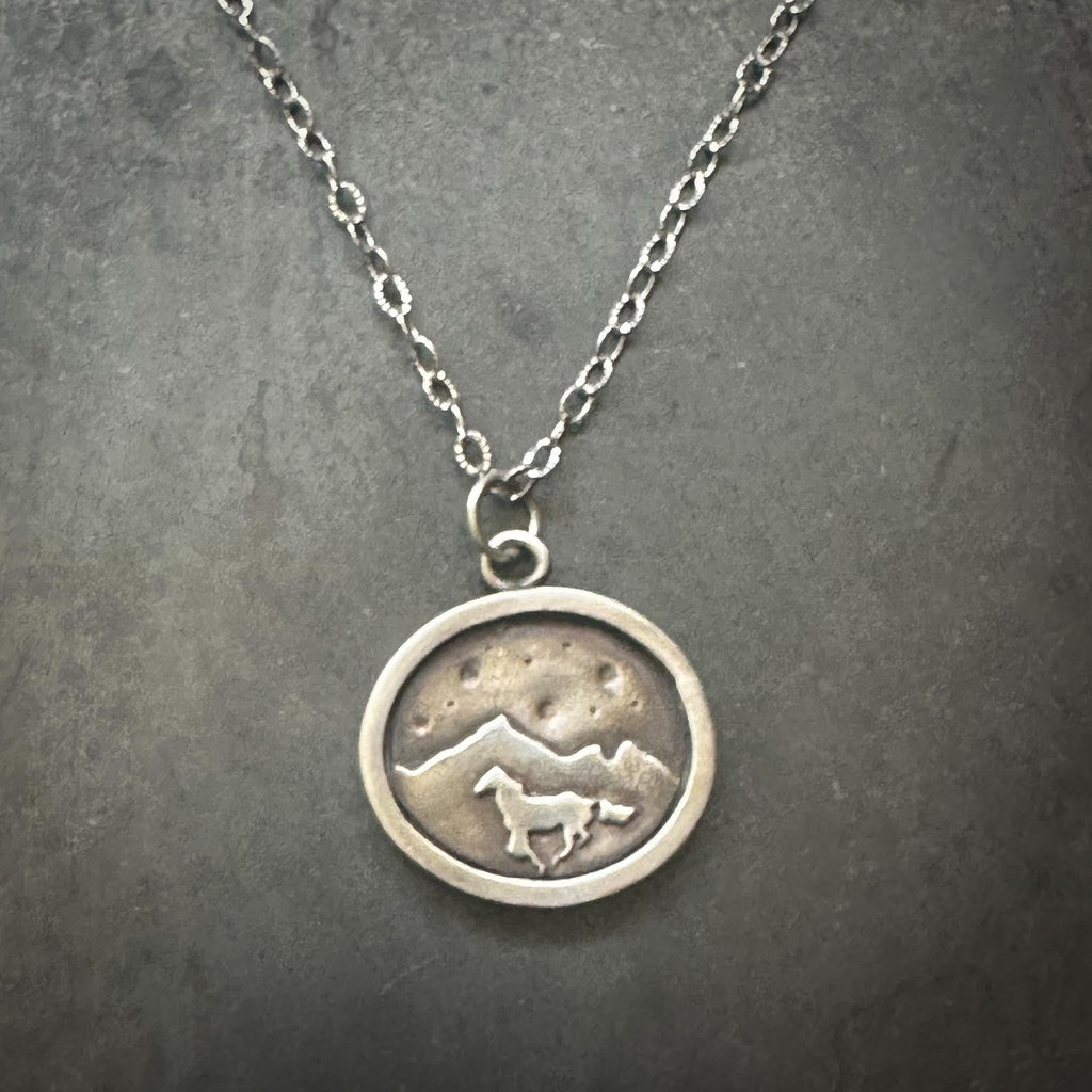 Sterling Silver Horse Necklace | Galloping Horse Mountain Scene Silver Necklace