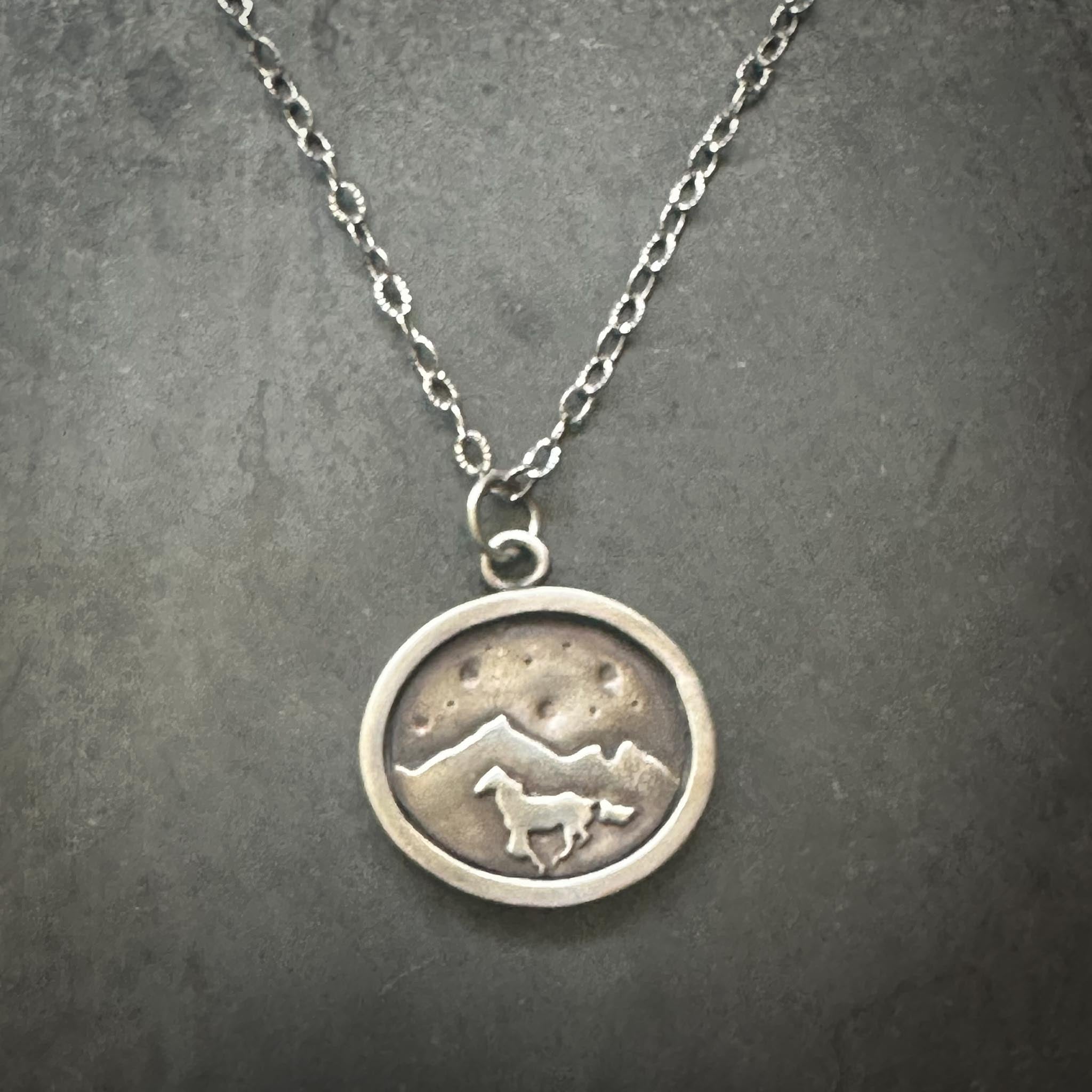 Sterling Silver Horse Necklace | Galloping Horse Mountain Scene Silver Necklace