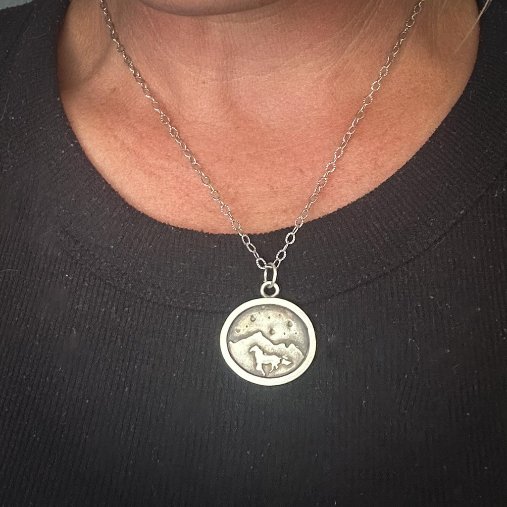 Sterling Silver Horse Necklace | Galloping Horse Mountain Scene Silver Necklace