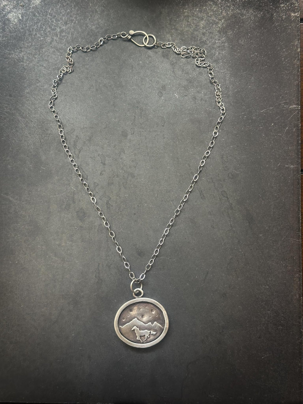 Sterling Silver Horse Necklace | Galloping Horse Mountain Scene Silver Necklace