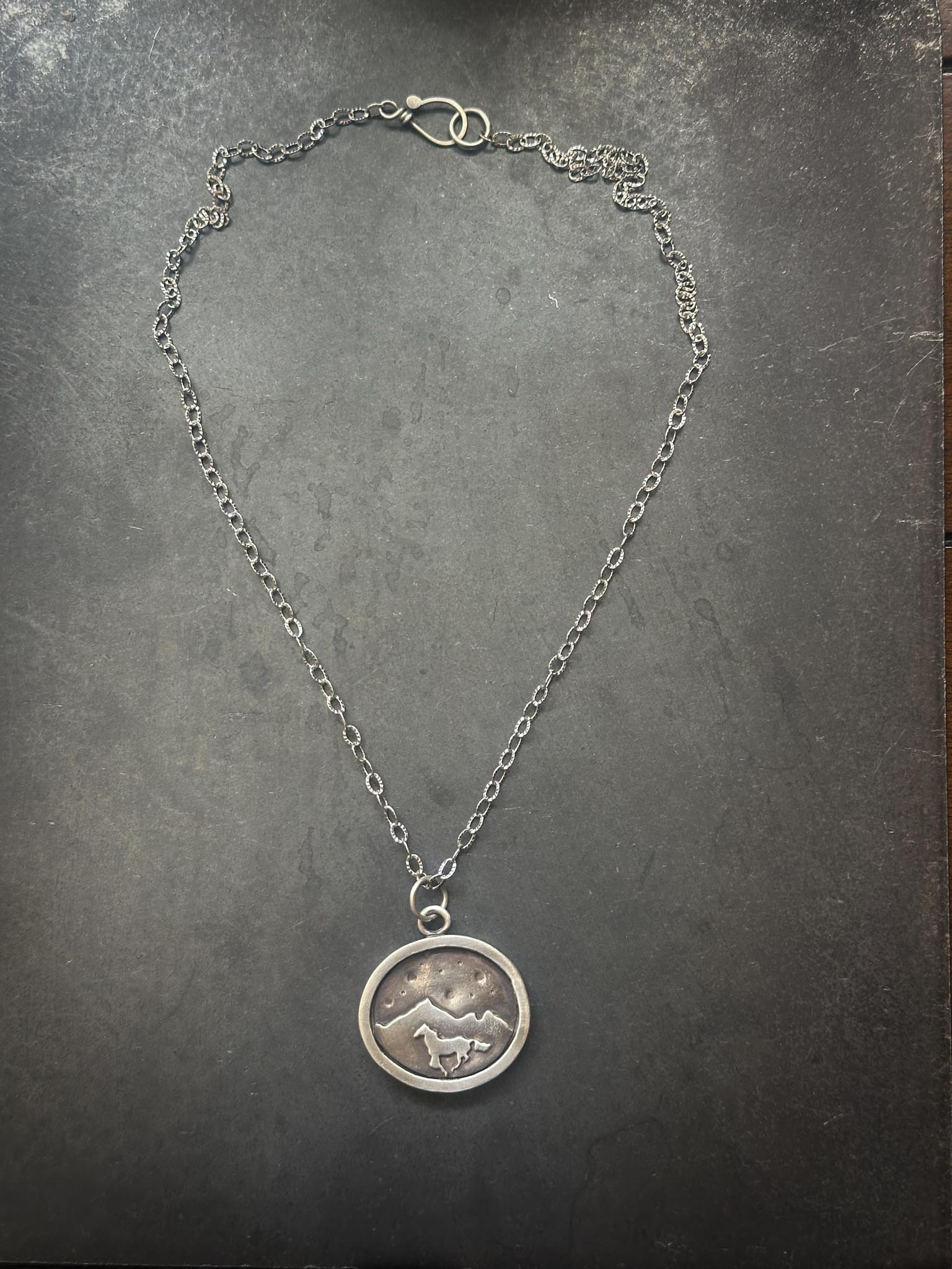 Sterling Silver Horse Necklace | Galloping Horse Mountain Scene Silver Necklace