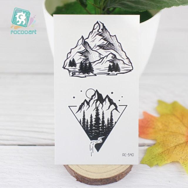 Black Temporary Waterproof Tattoo Sticker Mountains Tree Body Decoration Elegant Stylish Design