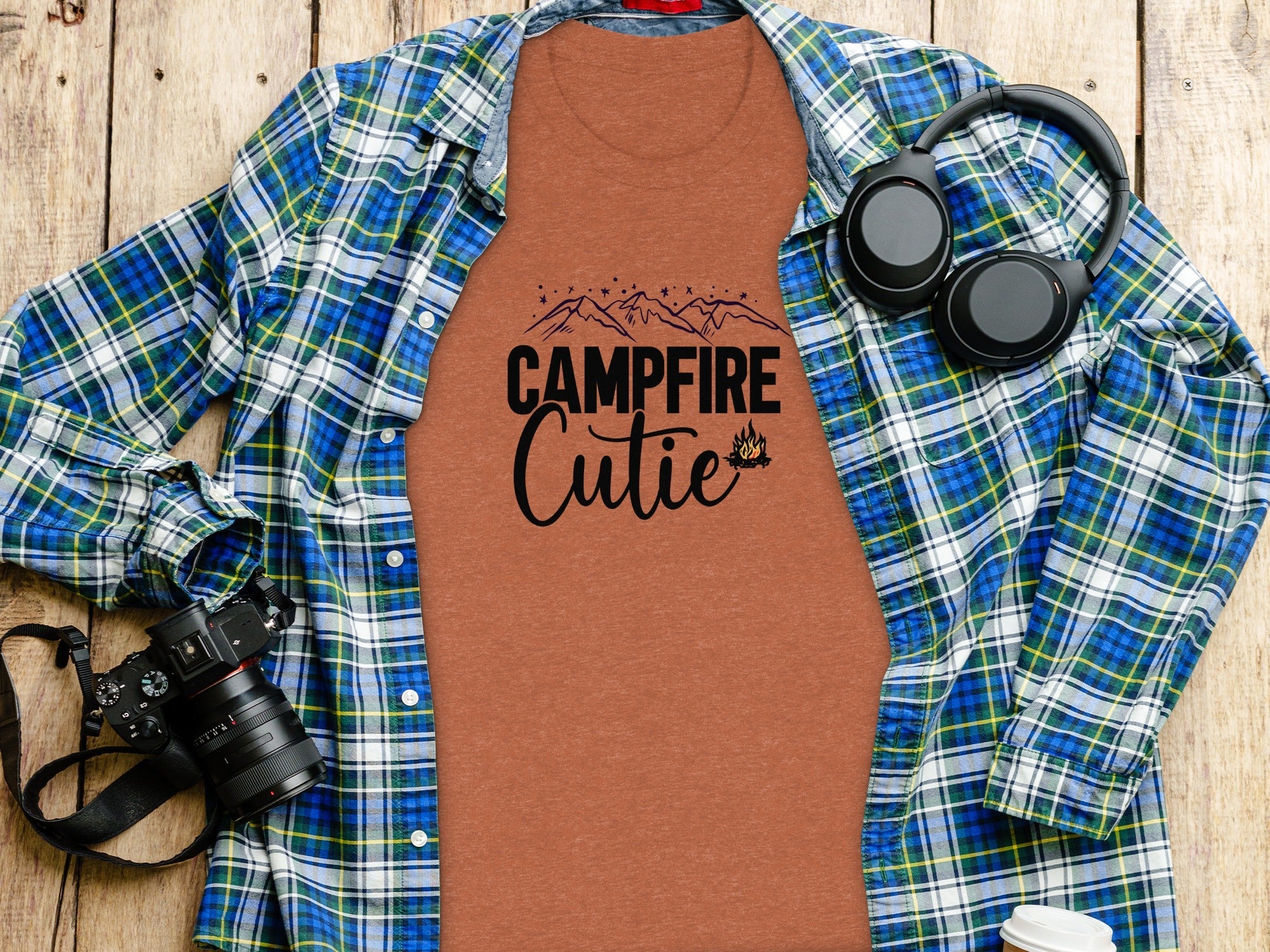 Campfire Cutie with Mountain Print Graphic Novelty T-Shirt