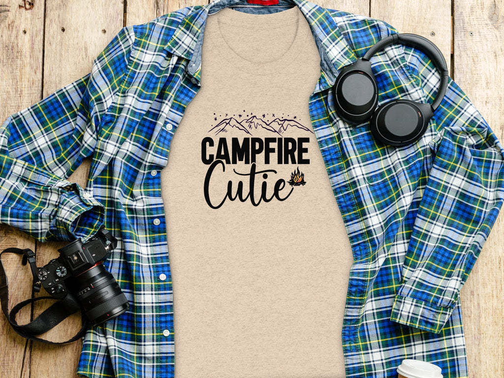 Campfire Cutie with Mountain Print Graphic Novelty T-Shirt
