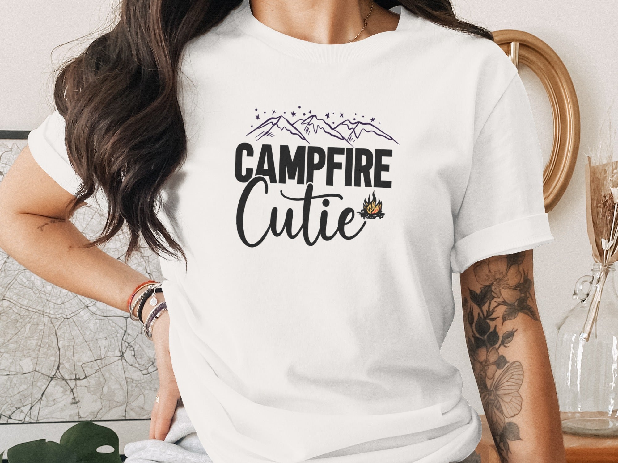 Campfire Cutie with Mountain Print Graphic Novelty T-Shirt