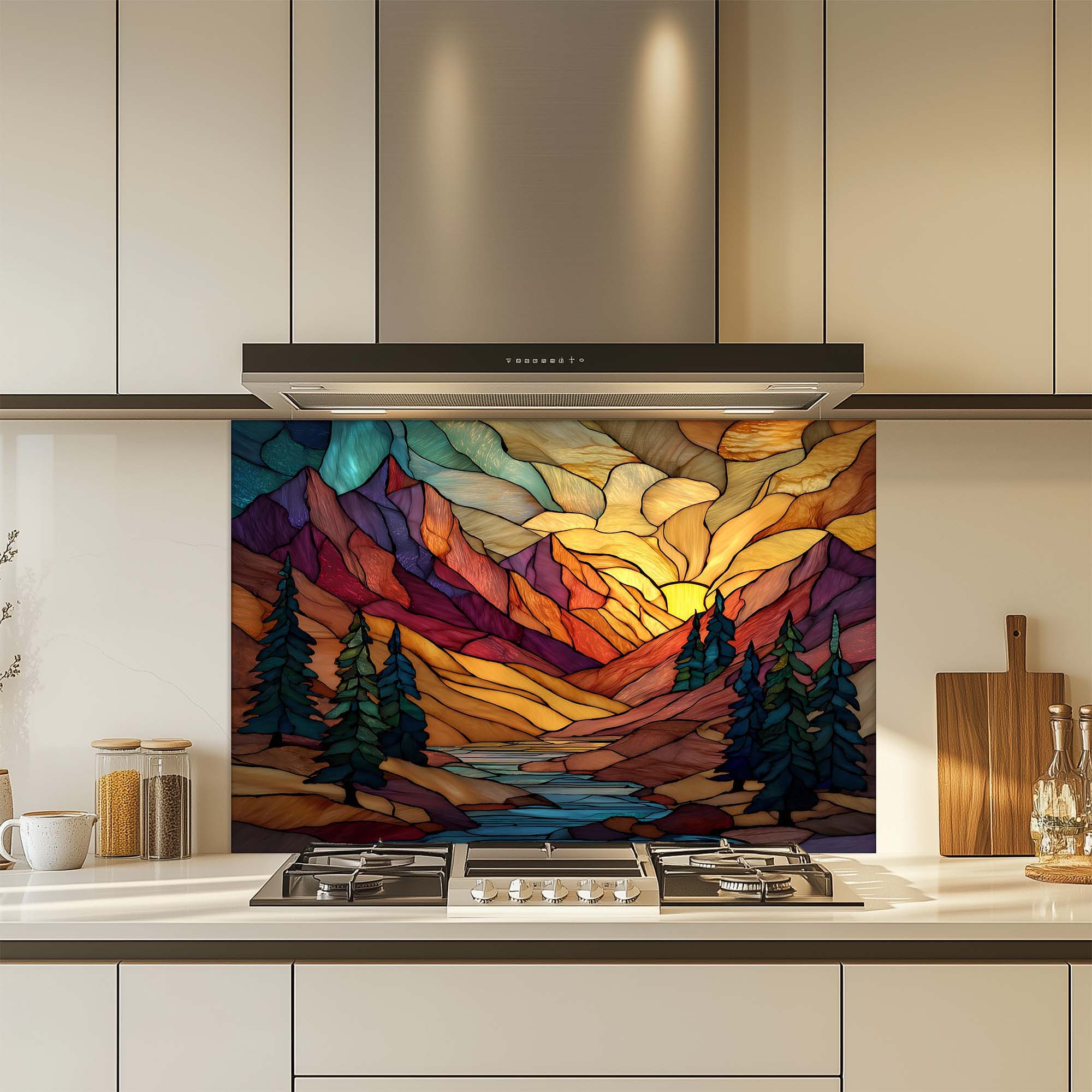 Stained Glass Mountain Sunrise Backsplash – Tempered Glass Backsplash for Kitchen