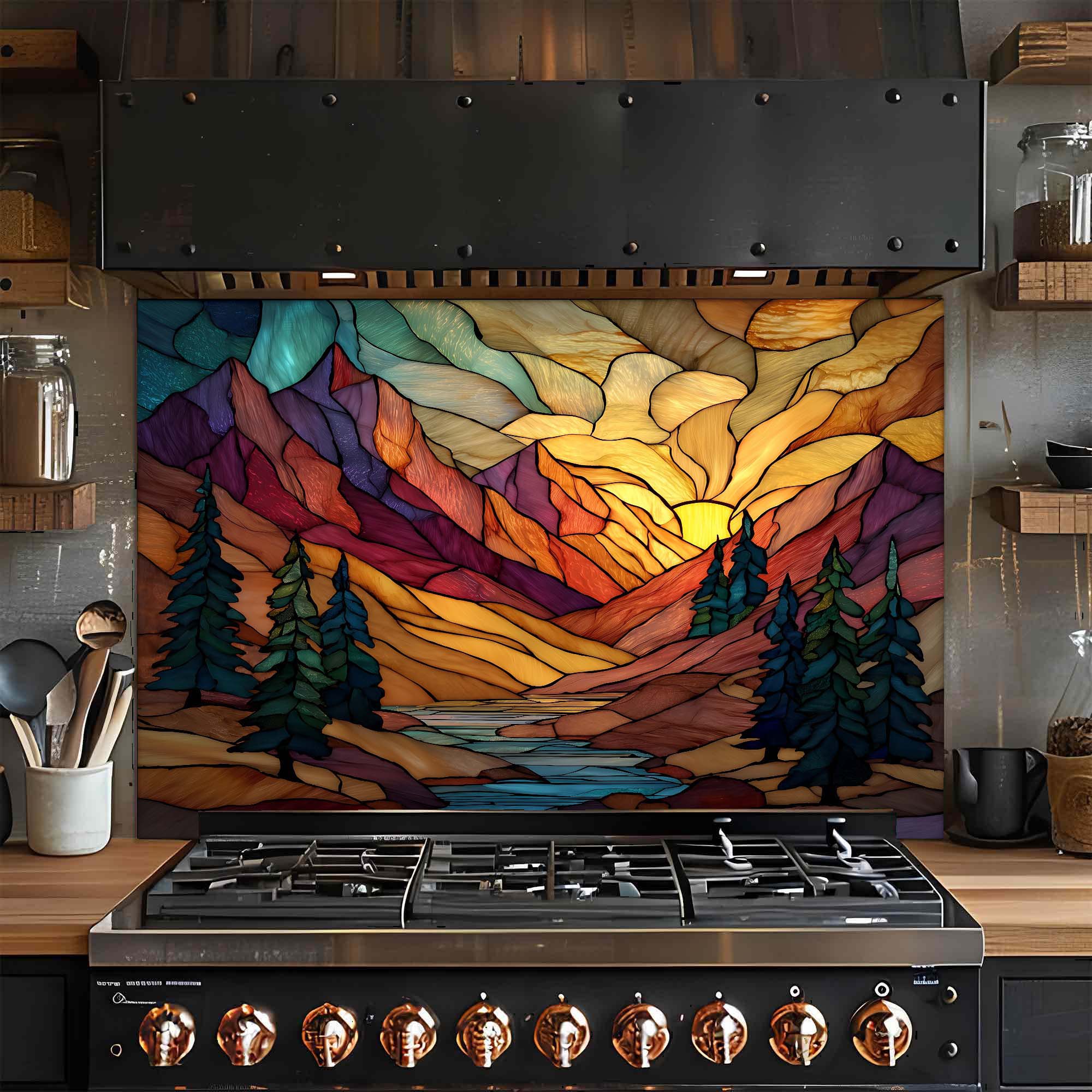 Stained Glass Mountain Sunrise Backsplash – Tempered Glass Backsplash for Kitchen