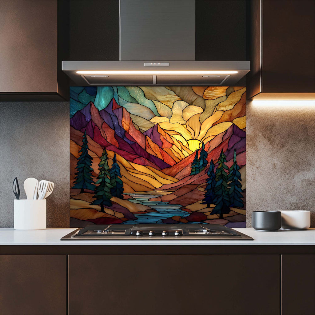 Stained Glass Mountain Sunrise Backsplash – Tempered Glass Backsplash for Kitchen
