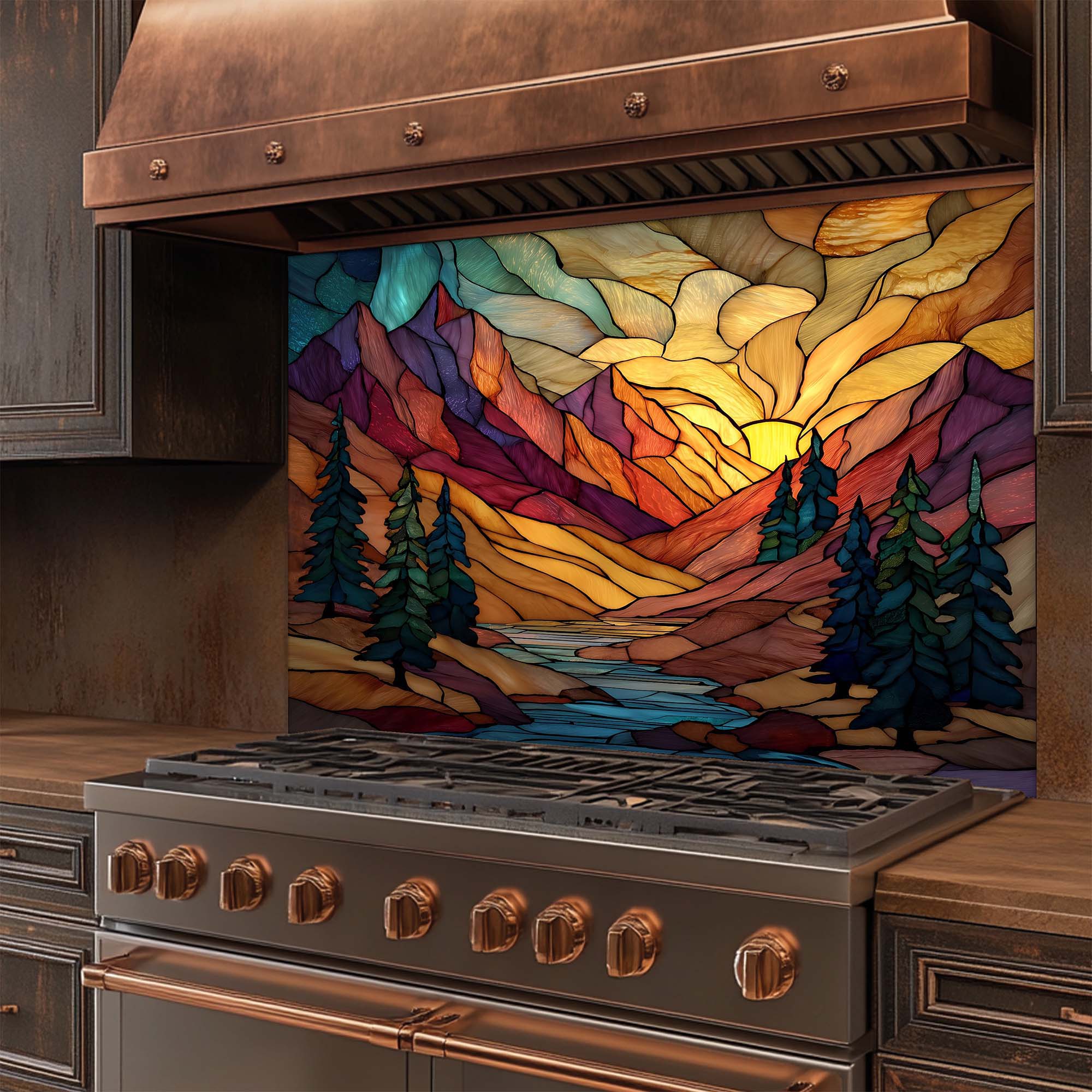 Stained Glass Mountain Sunrise Backsplash – Tempered Glass Backsplash for Kitchen