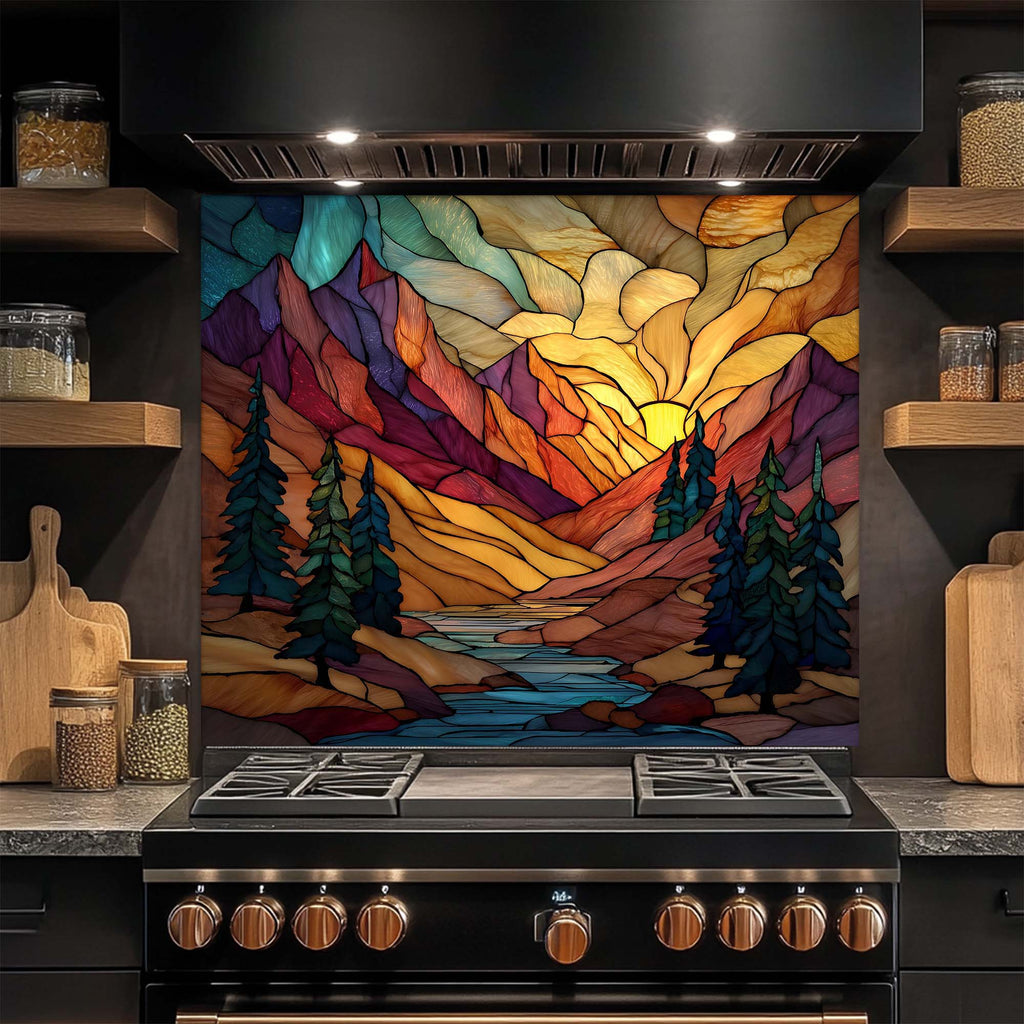 Stained Glass Mountain Sunrise Backsplash – Tempered Glass Backsplash for Kitchen