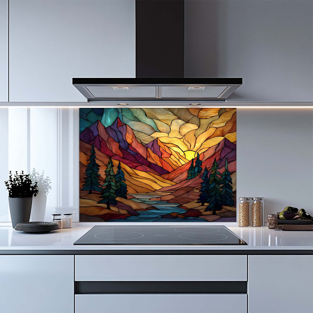 Stained Glass Mountain Sunrise Backsplash – Tempered Glass Backsplash for Kitchen