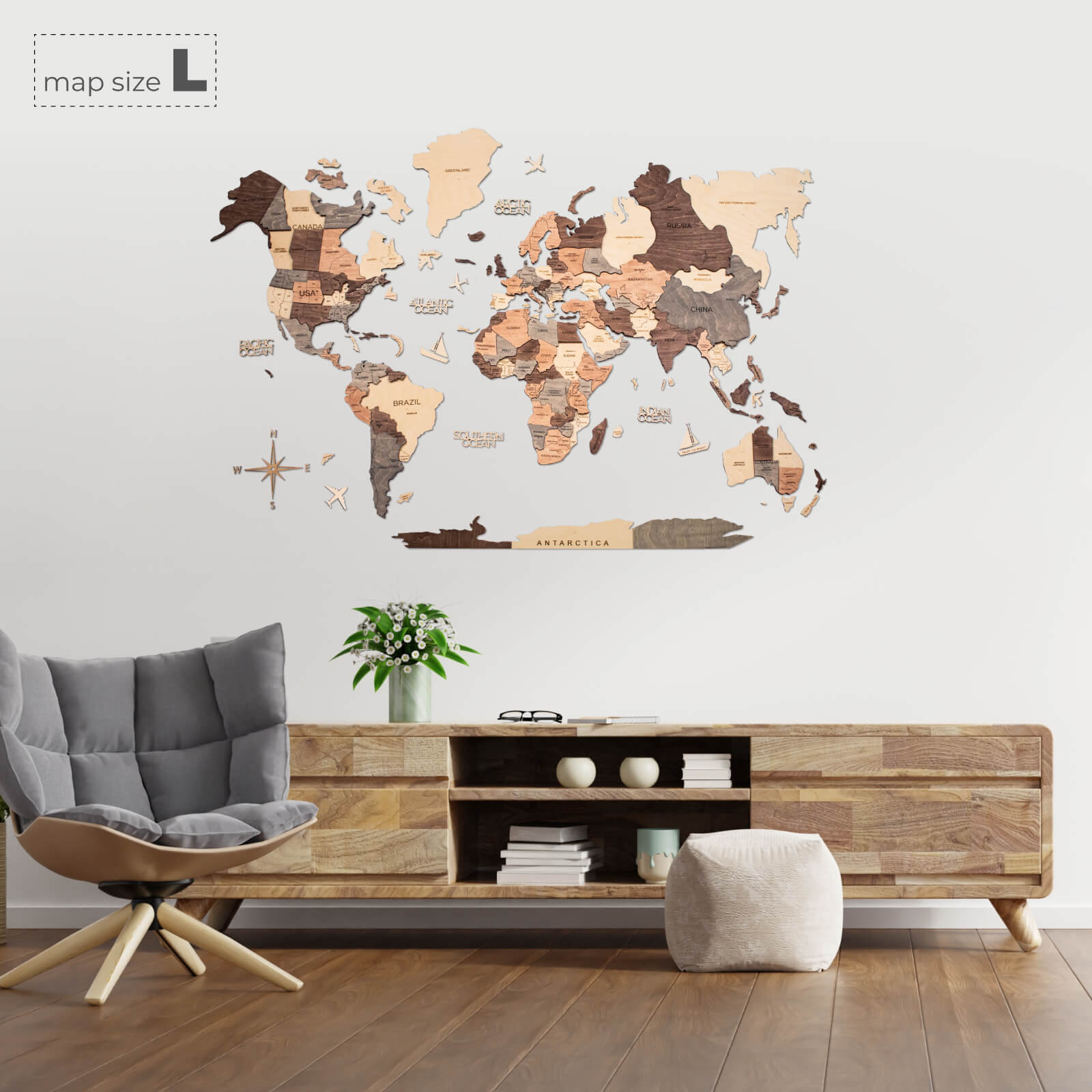 3D Wooden World Map Smokey